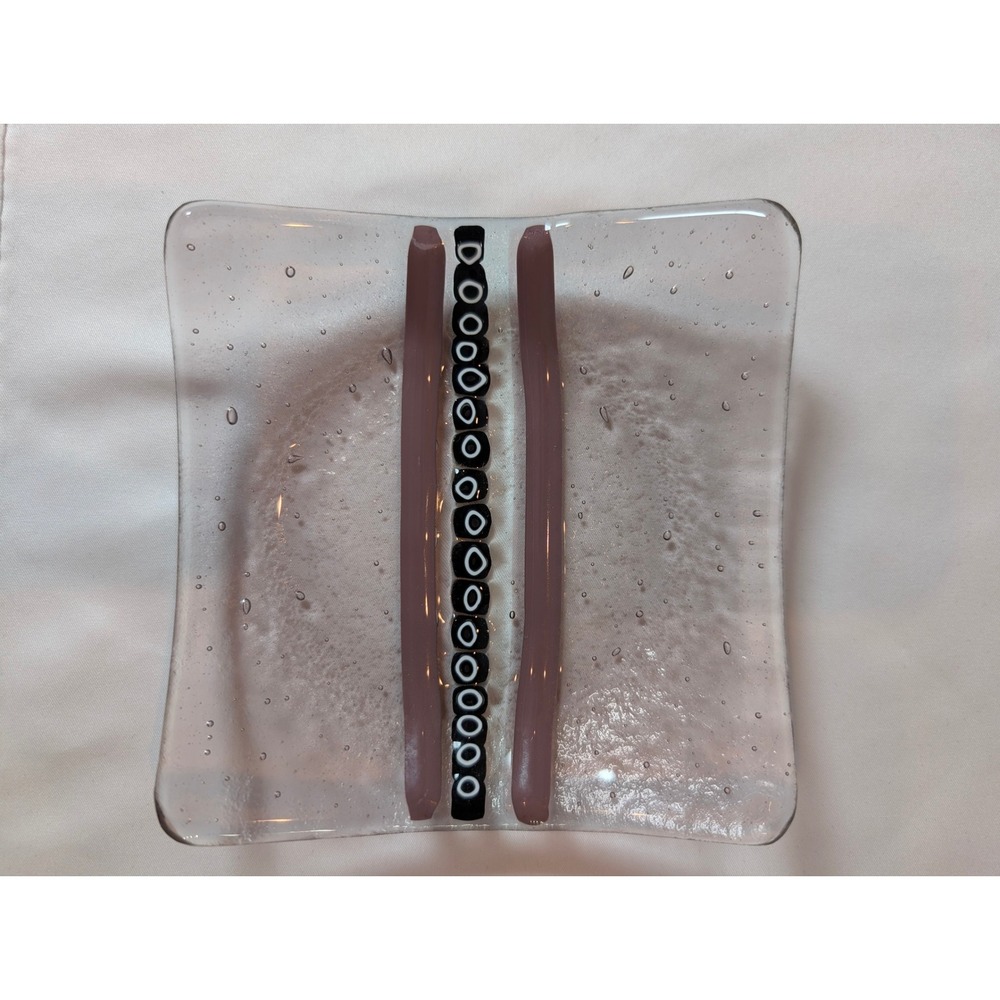 Artisan Fused Glass Square Murrine Trinket Dish Curved Purple Black White 5"